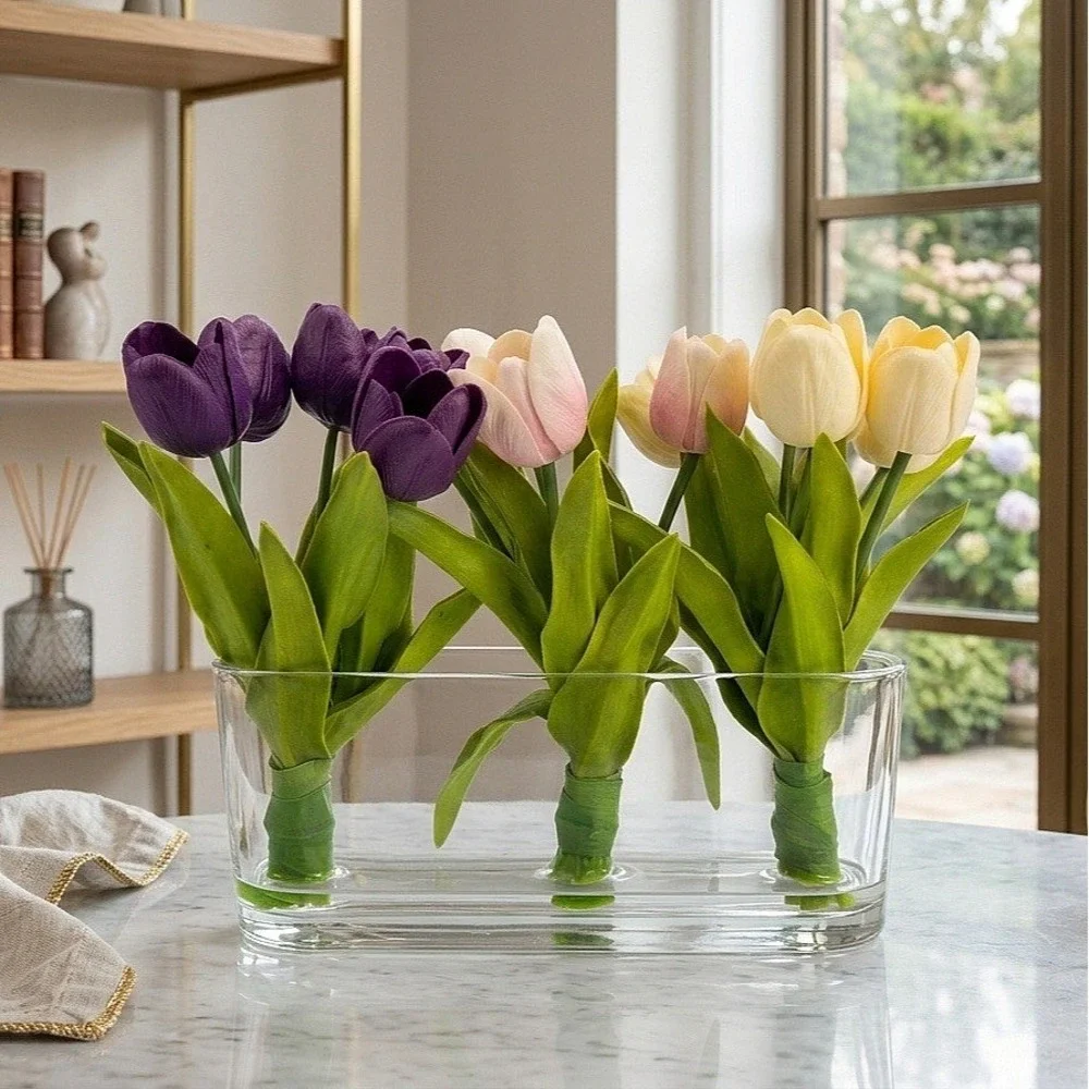 15Pcs Artificial Tulips Flowers with Clear Glass Vase Real Soft Touch Latex offi
